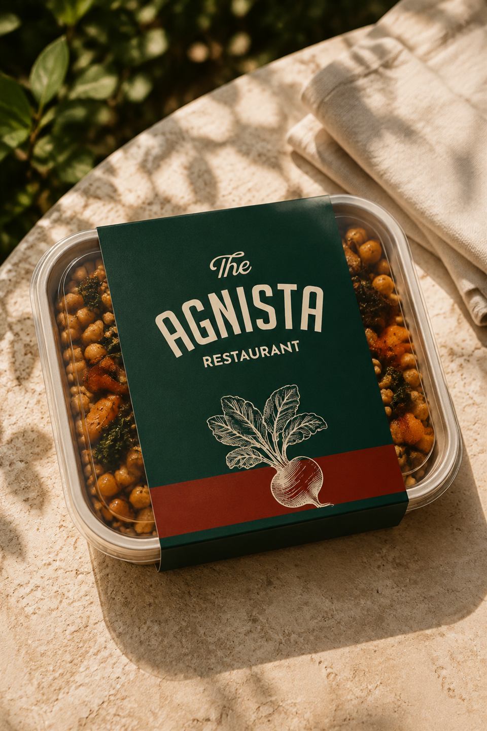 Concept mockup of an Agnista ready meal carton in deep green with a cream label