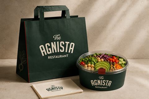 Гүн ногоон өнгийн Agnista салатны сав, авч явах уутны концепц mockup