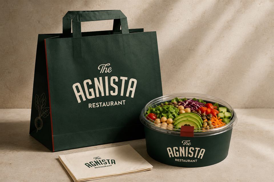 Concept mockup of an Agnista salad bowl and carry bag in deep green with a vegan salad