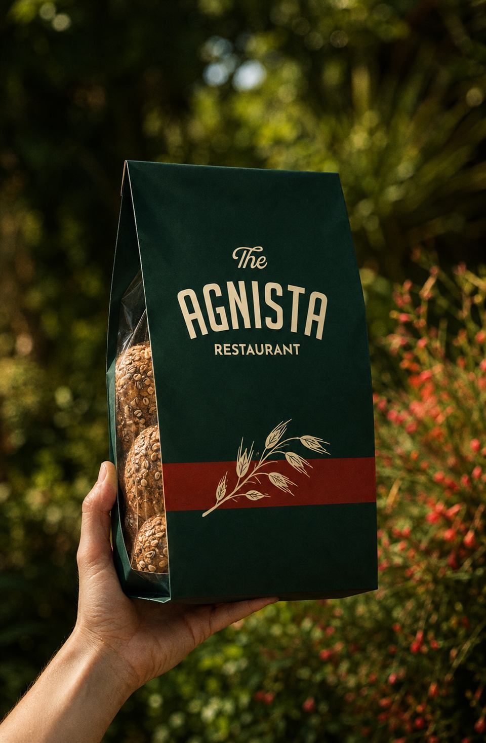 Concept mockup of Agnista bakery packaging in deep green and cream on a counter